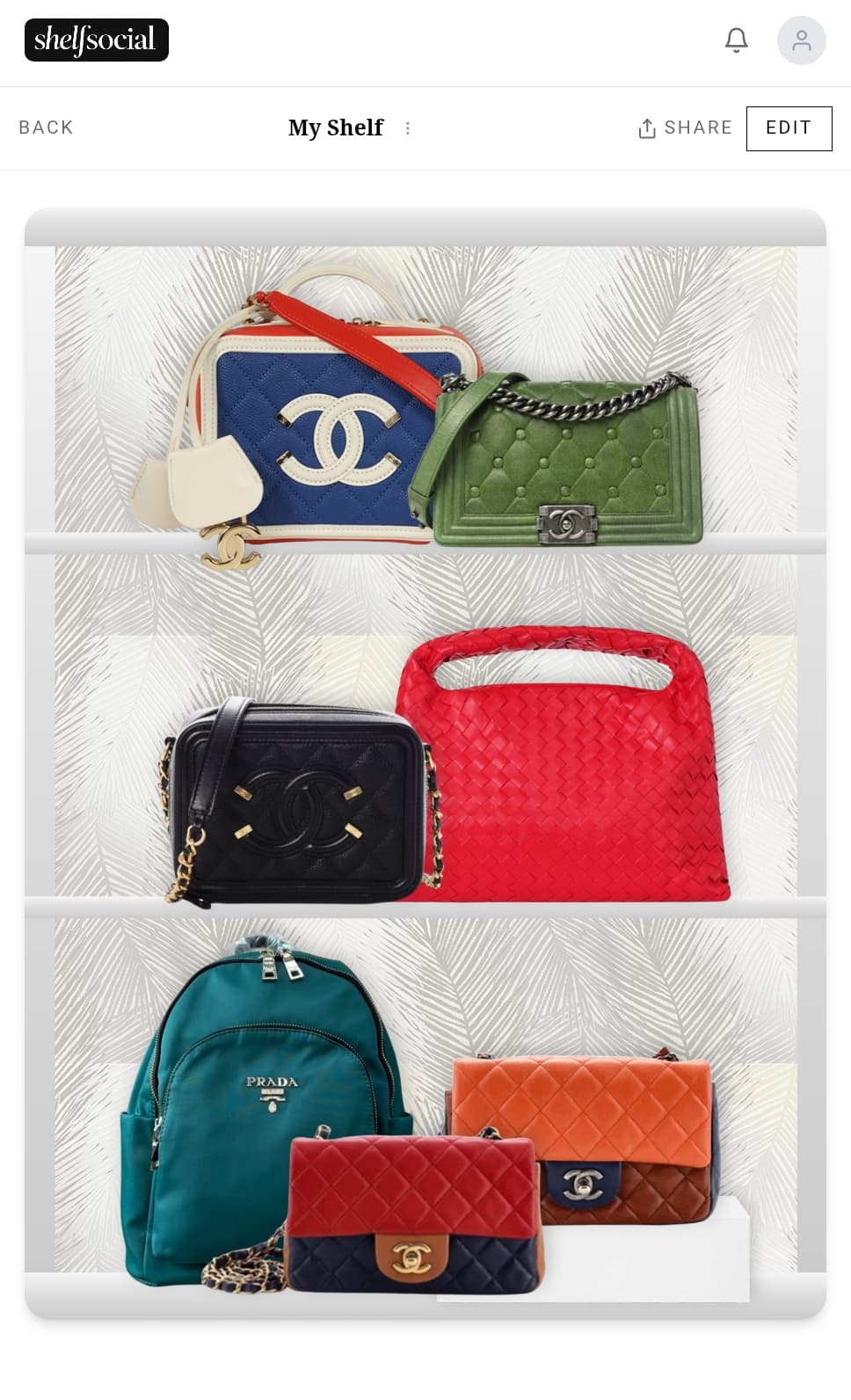 A shelf displaying a collection of items